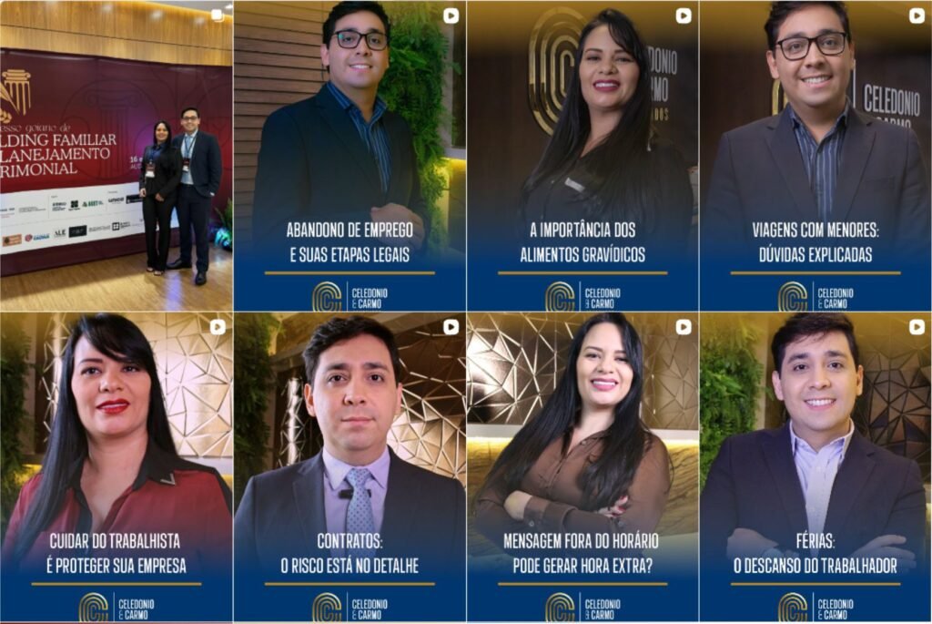 Prévia do Instagram do escritório com publicações sobre temas jurídicos e fotos dos advogados