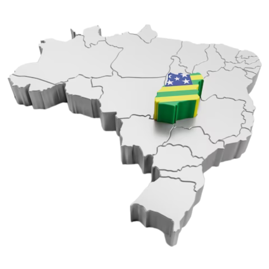 Mapa do Brasil em 3D com o estado de Goiás destacado nas cores da bandeira